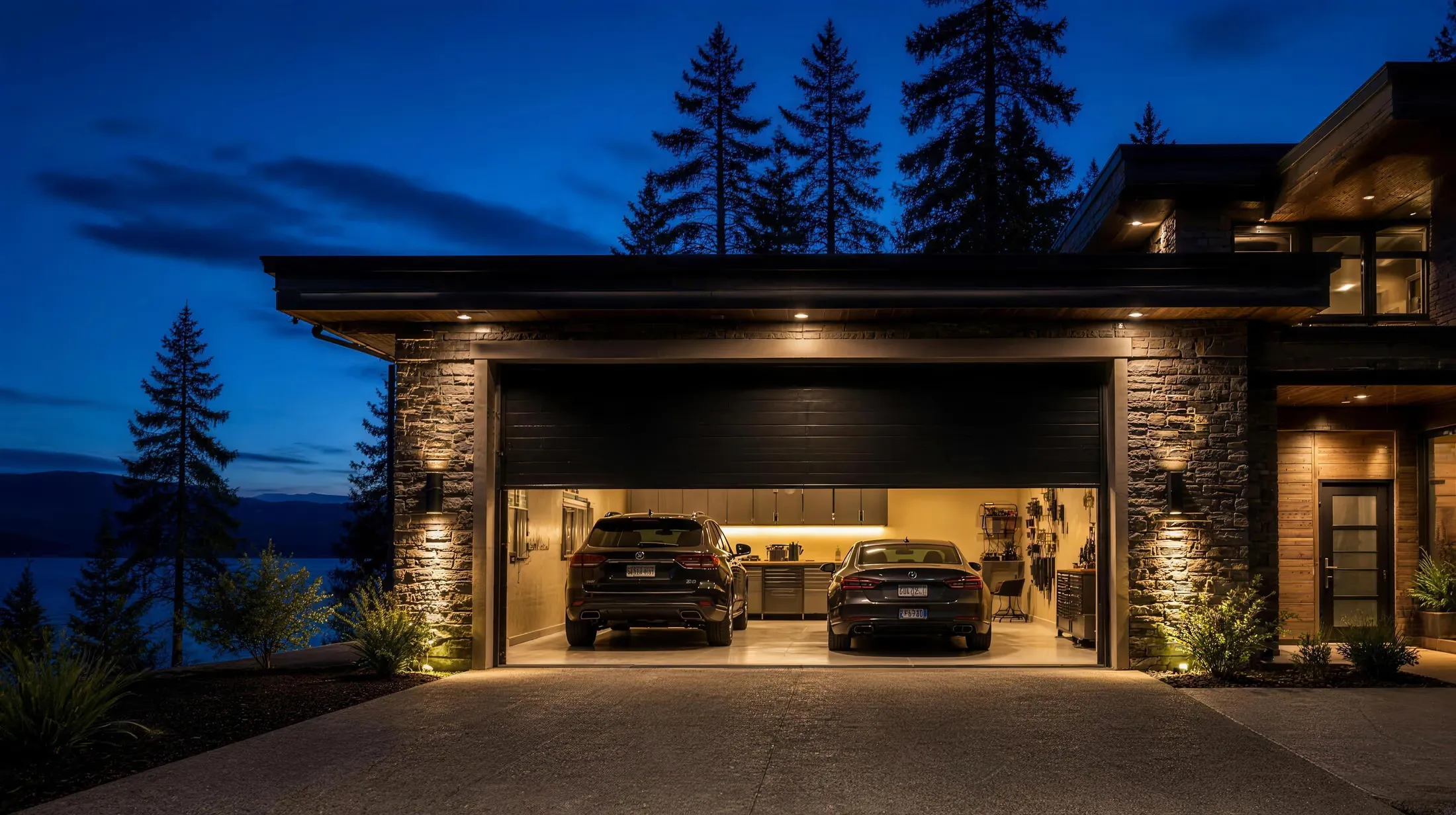 Okanagan home at dusk with a warmly lit open garage and a sleek charcoal door