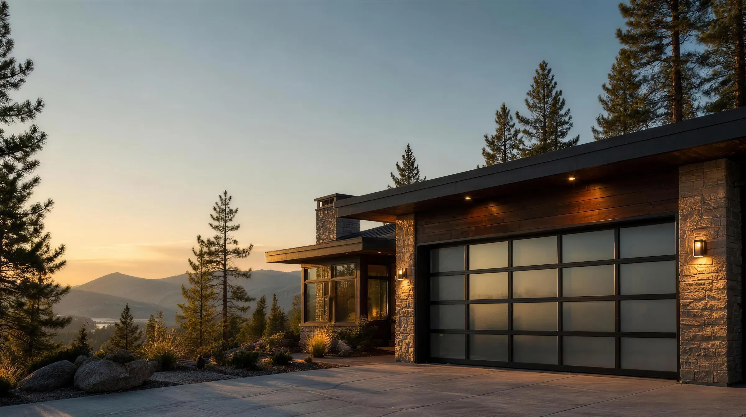 Modern Okanagan home at golden hour with a charcoal full-view aluminum and glass garage door