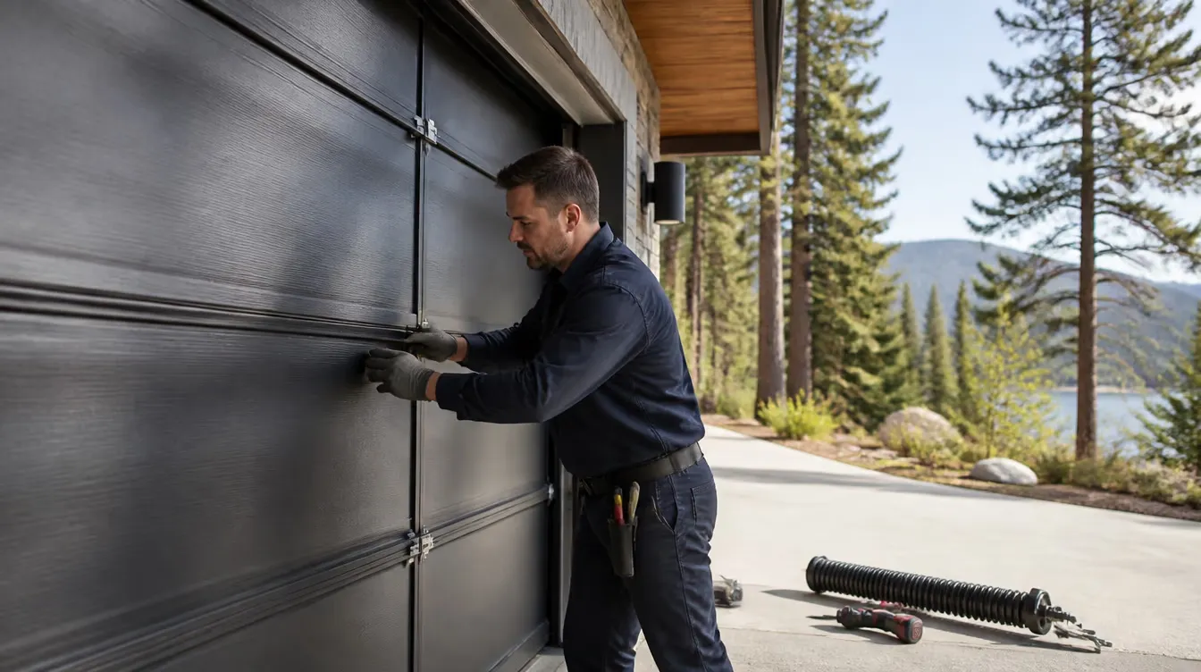 Vision Overhead Doors technician installing a charcoal sectional garage door at an Okanagan home