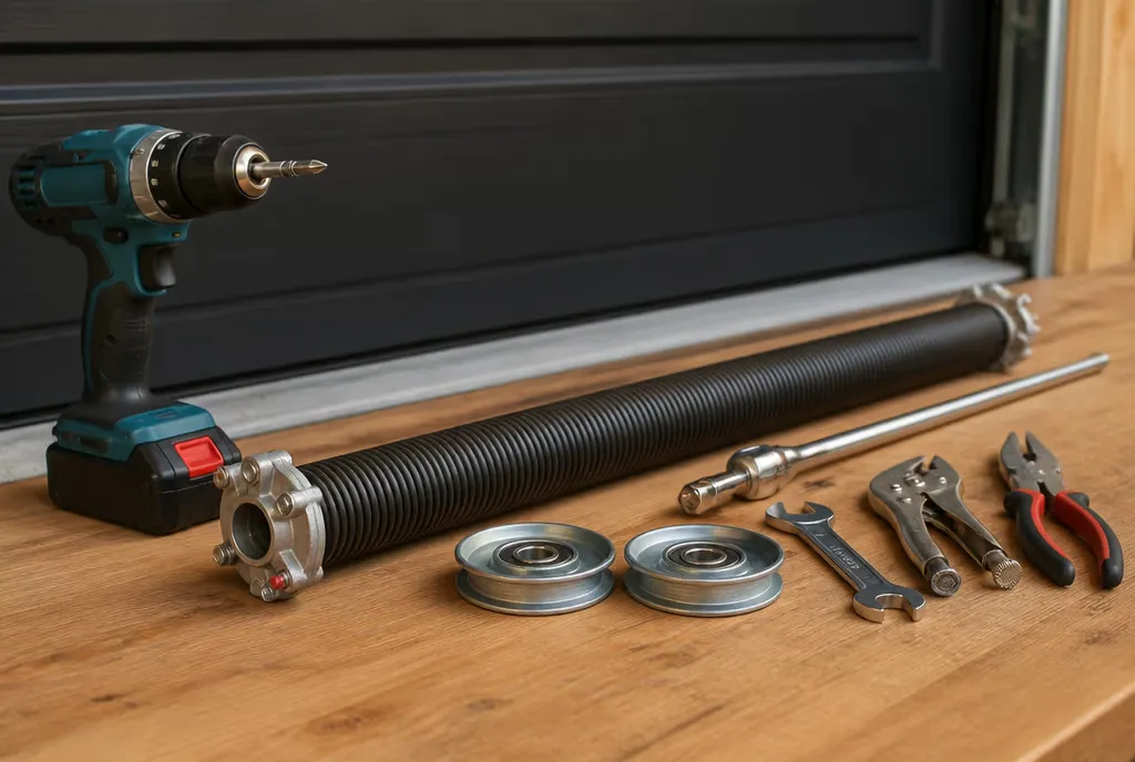 Garage door torsion spring, rollers and tools on a workbench ready for a repair